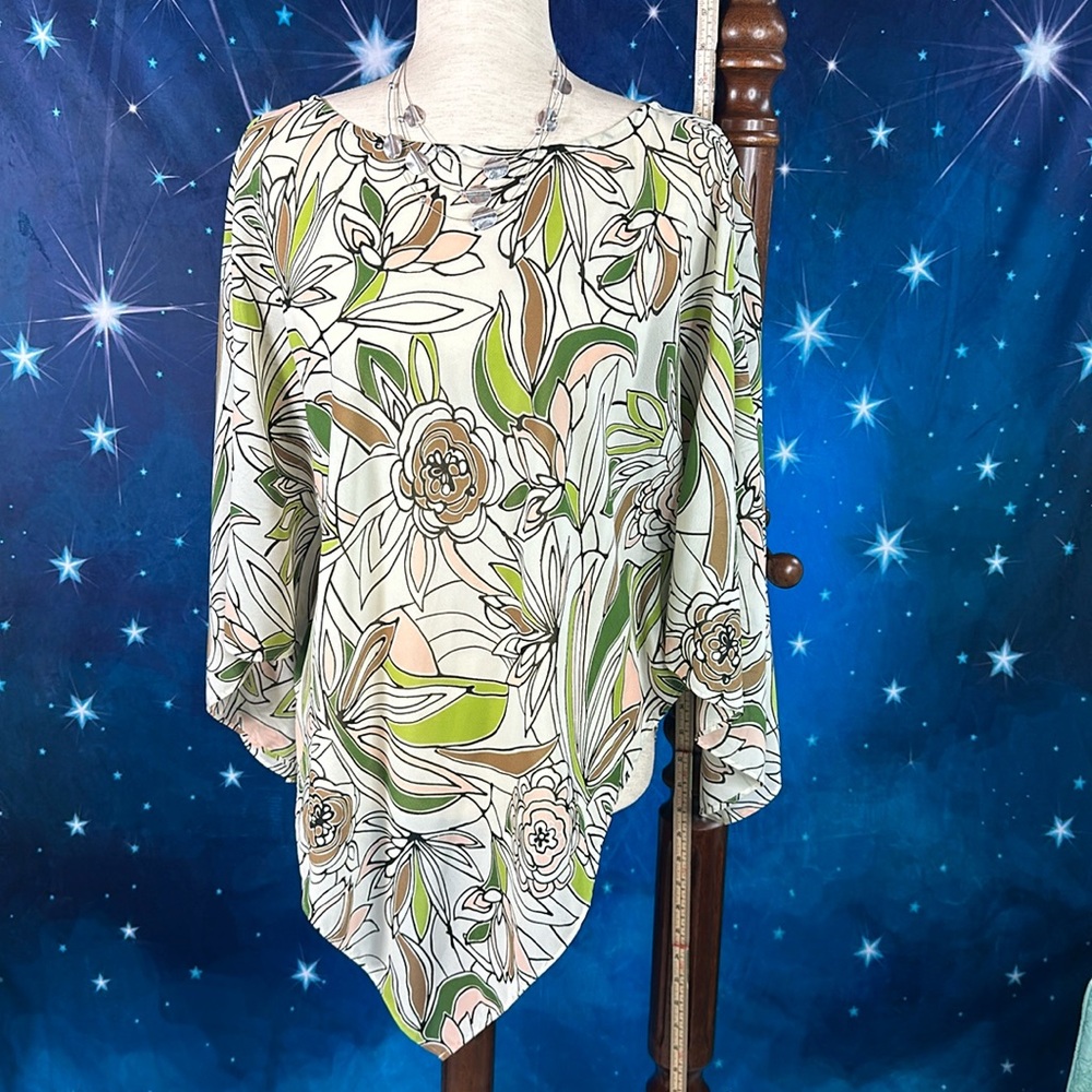 Sheer contemporary floral top, Shawl shape beautifully romantic on a breezy day!
